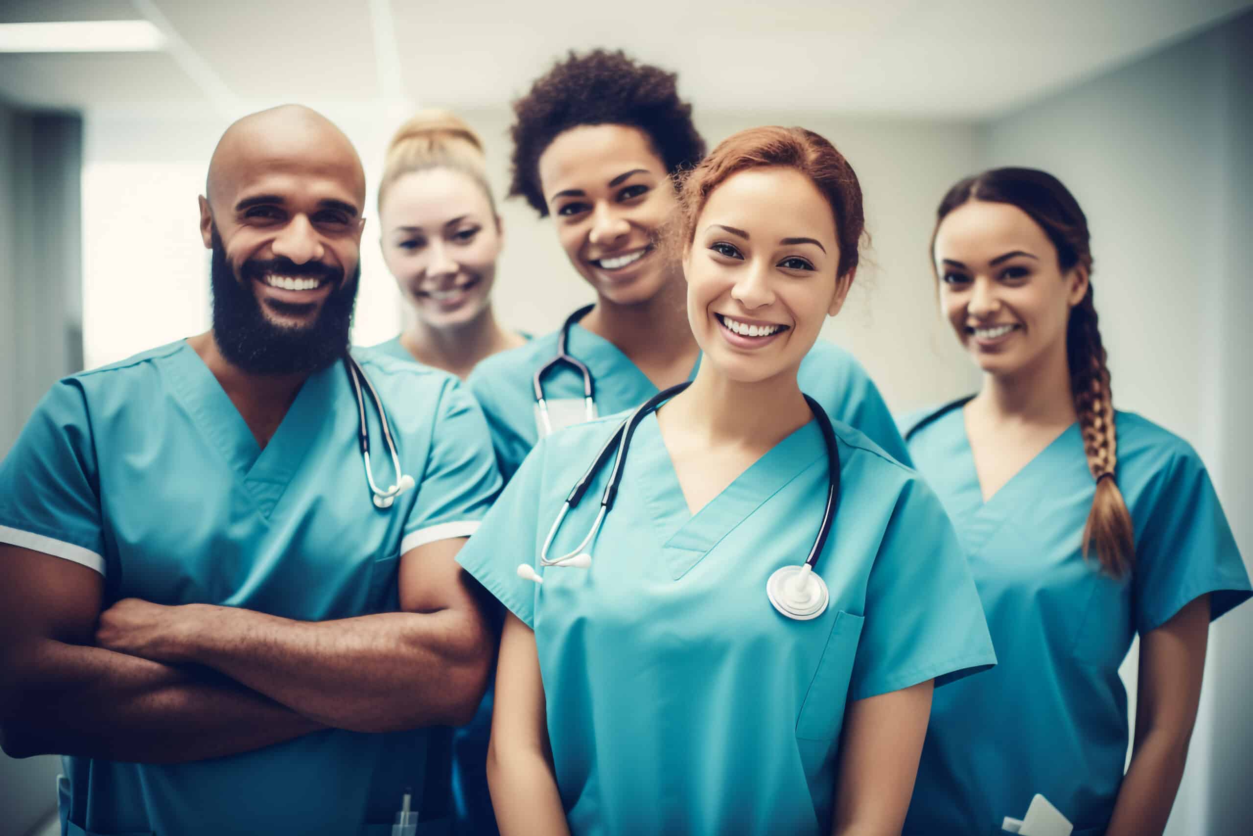 A group of five diverse healthcare professionals in blue scrubs, smiling confidently in a hospital corridor.